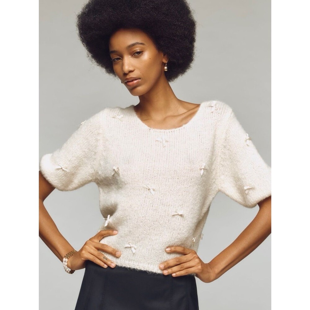 FRNCH Anthropologie 3D Bow Short Sleeve Sweater Embroidered Knit Top Small NEW
